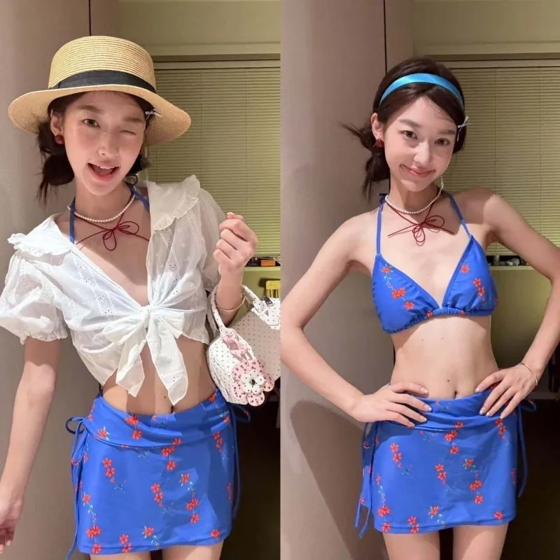 

Summer Sweet Elegant Floral Print Swimsuit Women Y2k Vintage Bikini Set Matching Crop Cardigan Aesthetic Beach Style Swimwear