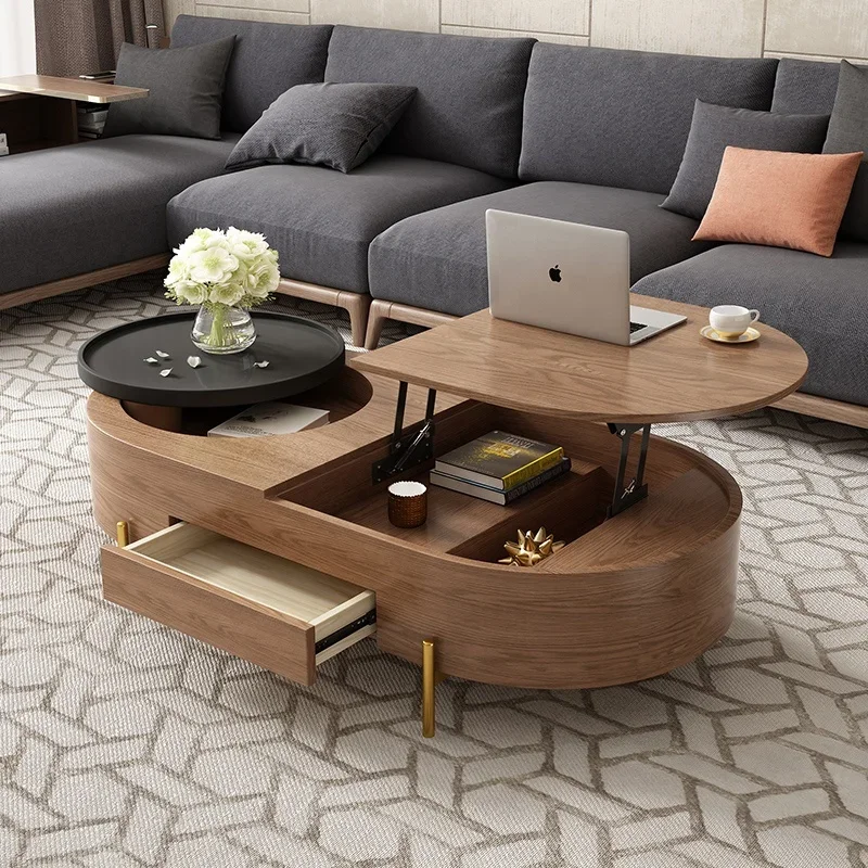 The Nordic Modern Design Living Room Stainless Steel Feet Lift Top Wood Coffee Table Set