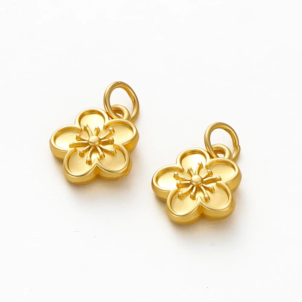 10pcs/lot 18K Gold Color Plated Brass Peach Blossom Pendant Necklace Bracelet Jewelry Making Supply Gold Flower Beads