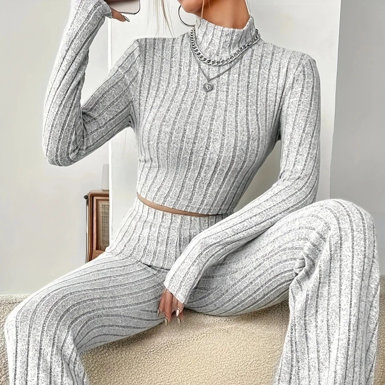 

2024 Autumn New Cross border Amazon Knitted Long Sleeve Set Hoodie Loose Pants Two Piece Set