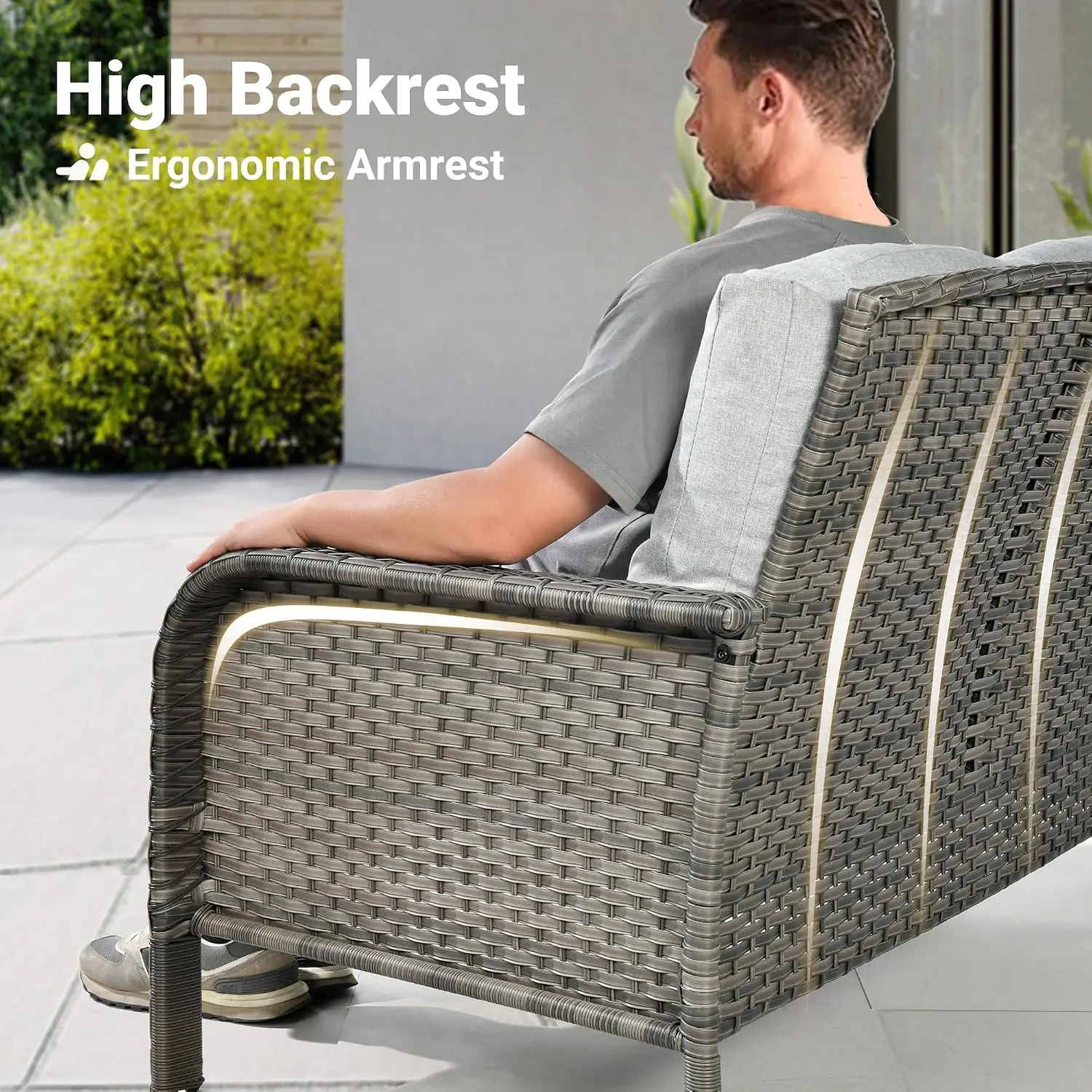 High Back Wicker Patio Sofa Set with Fire Pit Table & Comfy Cushions for Porch Yard Deck, 5-Piece, Grey, Customized