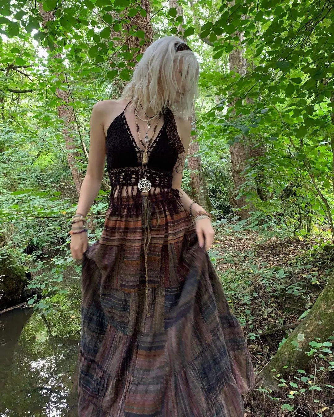 Womens Boho High Waist Midi Skirt Y2K Vintage Print Skirt Mesh Double Skirt Harajuku Gothic Grunge Fairycore Holiday Streetwear