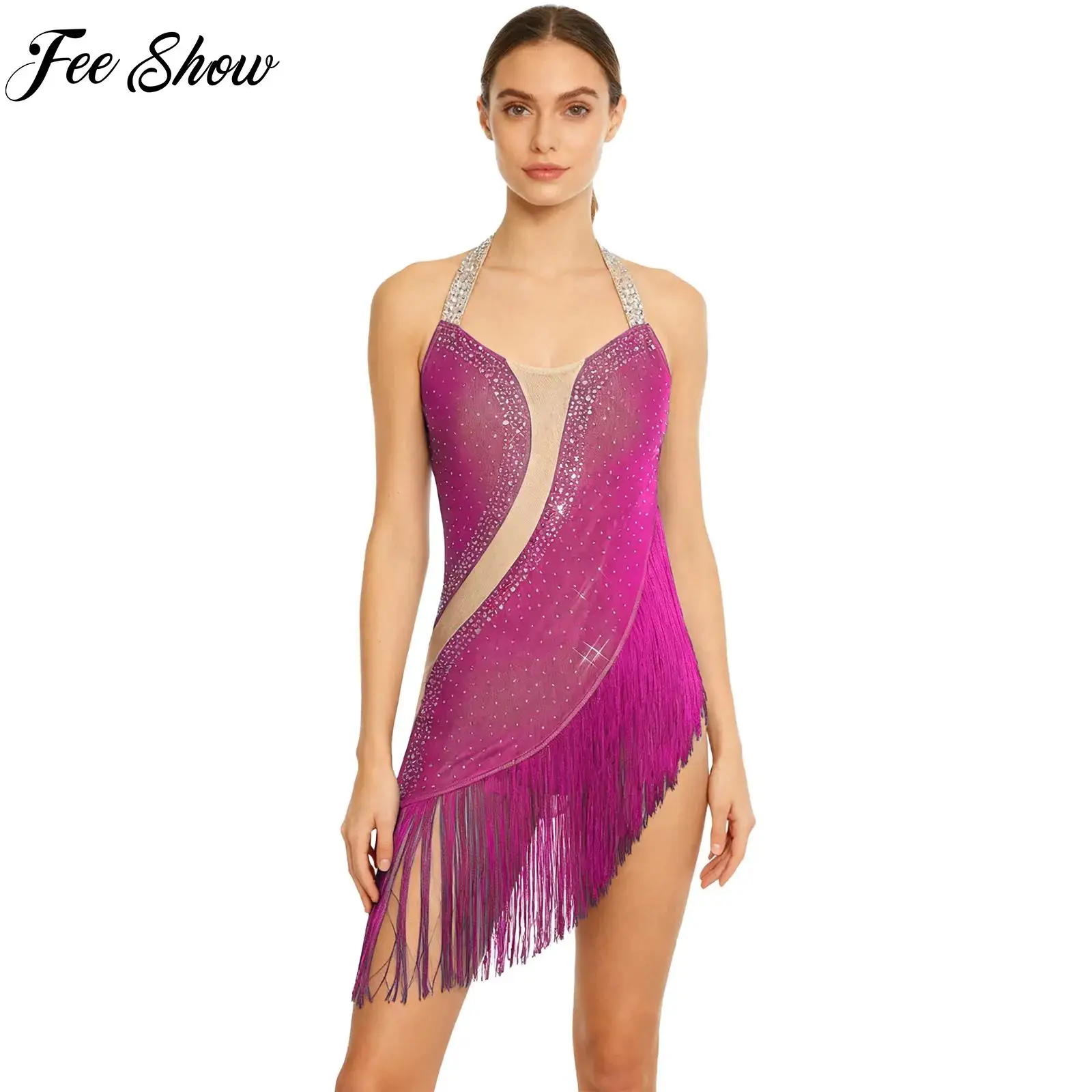 

Womens Tassel Latin Jazz Dance Bodysuit Rhinestone Tango Cha-cha Dance Costumes Halter Backless Leotard Skating Dance Clothes