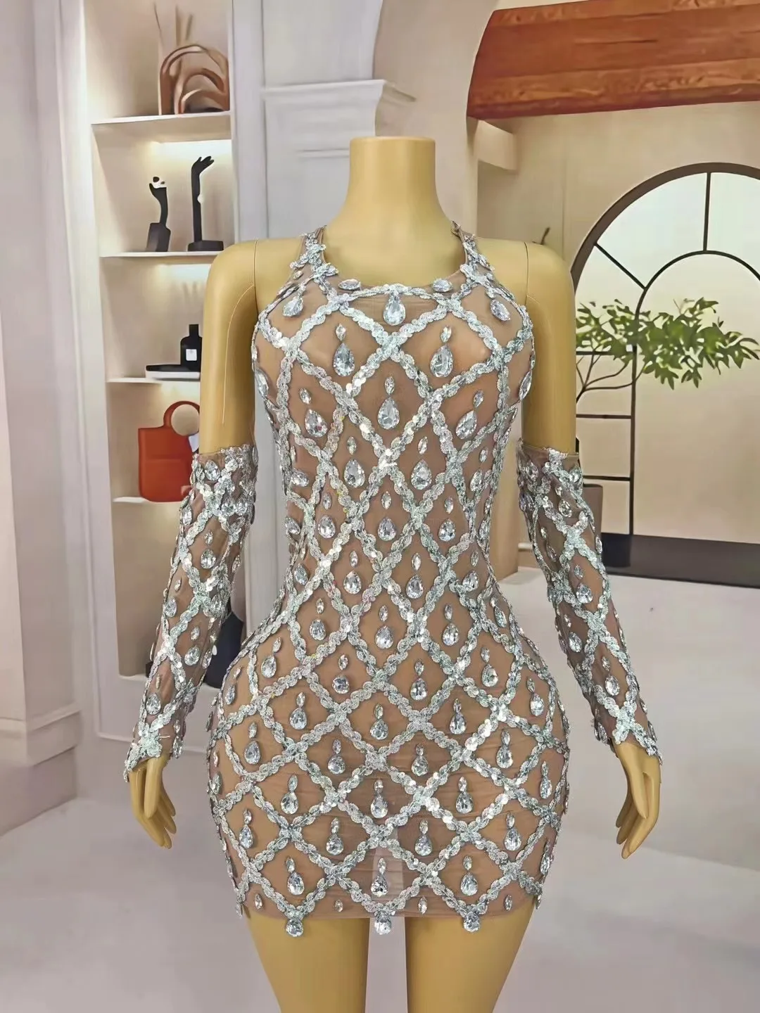 فستان شبكي شفاف بدون أكمام للنساء ، أحجار الراين الفضية اللامعة ، زي تصوير مثير ، حفلة مسائية ، عرض النادي ، المسرح ، الفخامة