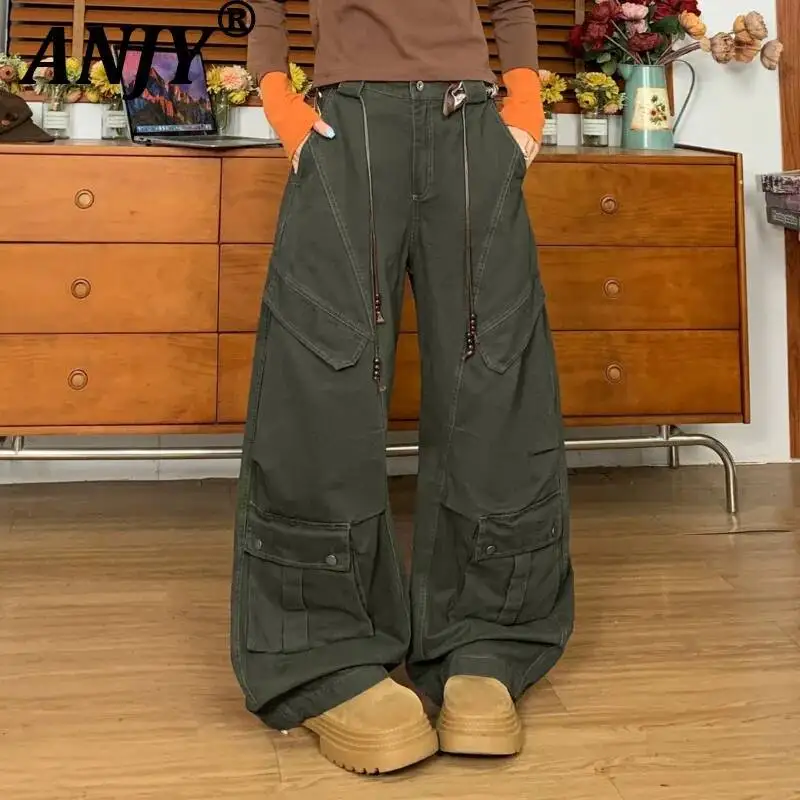 ANJY Spring Autumn New Women Safari Style Multi-pocket Design Loose Solid Color Vintage Curved Casual Stylish Cargo Pants A25836