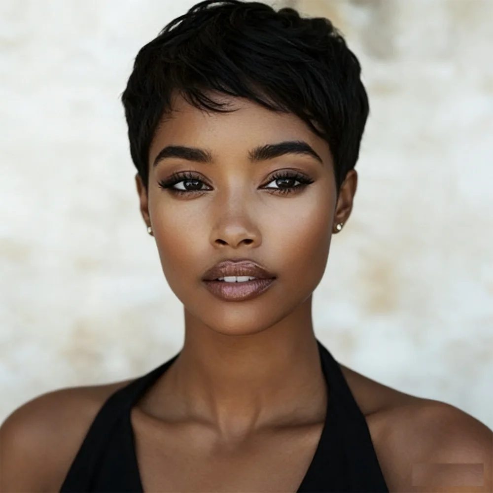 

Реалистичный черный текстурированный парик из натуральных волос пикси с челкой, прямой парик для женщин, бразильские парики из натуральных волос Реми, машинная работа.