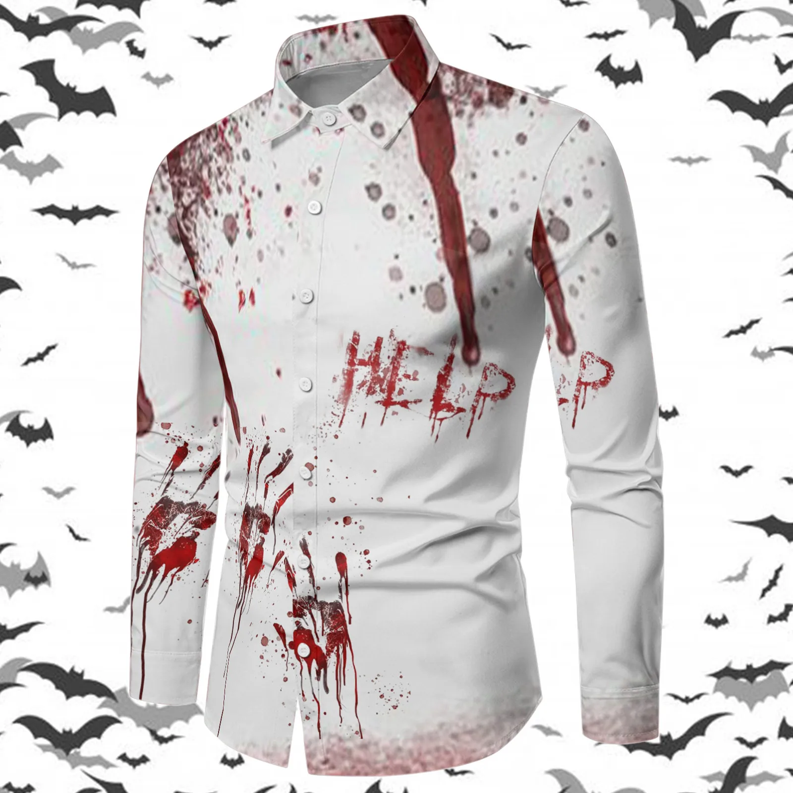 Men'S Halloween Long Sleeve Shirts Blood Handprint Printed Shirt Personalized Customized Festive Eerie Blood Scarred Lapel Tunic