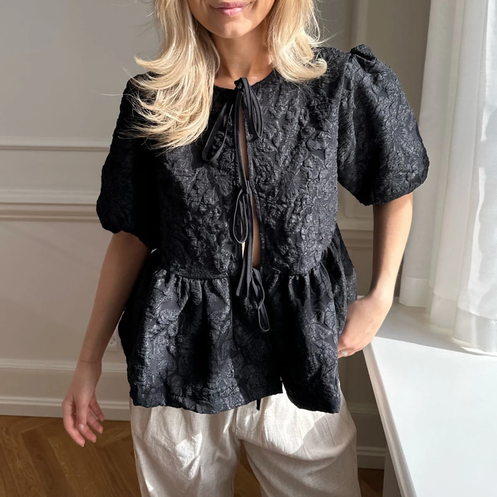 Fashion Women Y2k Tie Front Tops Puff Sleeve Ruffle Hem Peplum Blouse Cute Summer Babydoll Top Aesthetic Lace Up Shirts