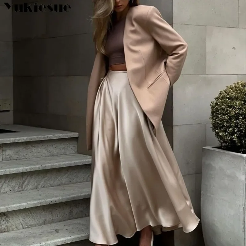 

Модная женская юбка, элегантная атласная свободная женская юбка 2023, макси-юбки с высокой талией, уличная классическая длинная юбка