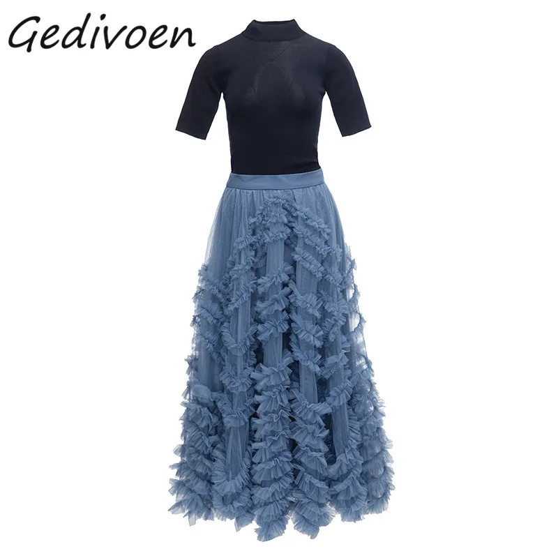 Gedivoen Summer Fashion Runway Elegant Skirt Suit Women Short Sleeve Knitted Top+High Waist Ruffles Mesh Long Skirt 2 Pieces Set