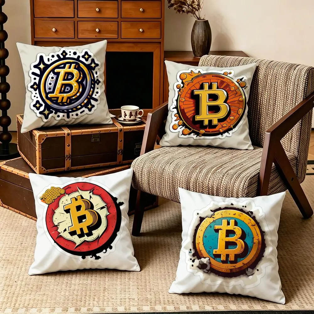 Text-BitcoinS Cushion Cover Soft Velvet Cushion Cover Set 4Pcs 50x50 45x45 Zipper Pillowcase for Home Decor