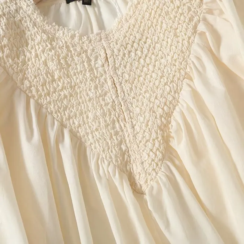 Withered French Office Ladies Beige Commuter Blouse Fashion Texture Stitching Loose Shirt Women Tops