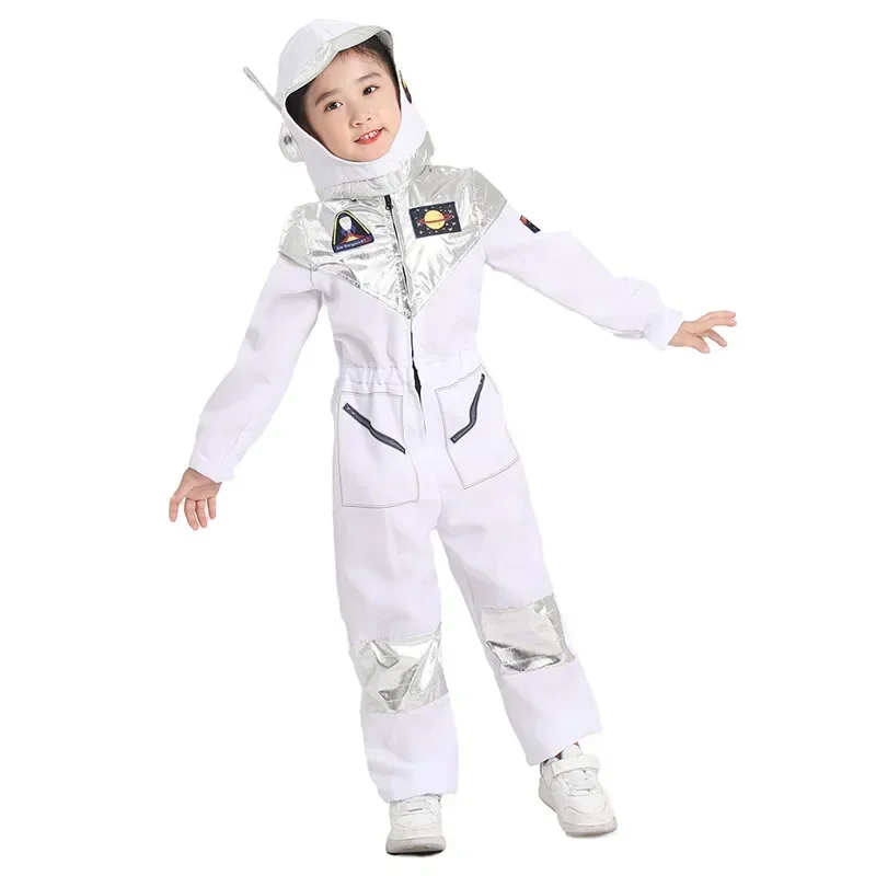 EE01 Child Astronaut Costume Spaceman Fantasy Jumpsuit School Performance Costume Halloween Cosplay Hooded Suit Free White GIo0！