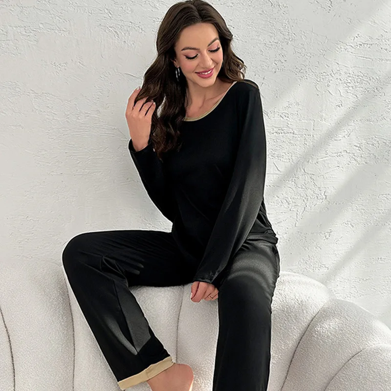 Pigiama da donna girocollo pullover a maniche lunghe set ampio e confortevole elastico per la casa set da due pezzi può essere indossato all'esterno