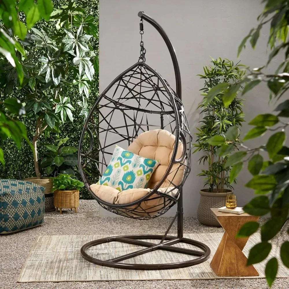 Outdoor Swing Terrace Brown CKH Wicker Tear Drop Hanging Chair Outdoor Garden Chairs and Terrace Room Beach Lounger Furniture