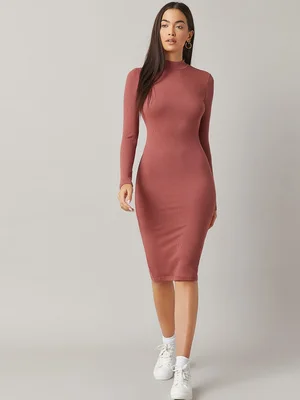 Women's Dusty Rose Ribbed Bodycon Midi Dress, High Neck Long Sleeve Casual Dress, Streetwear