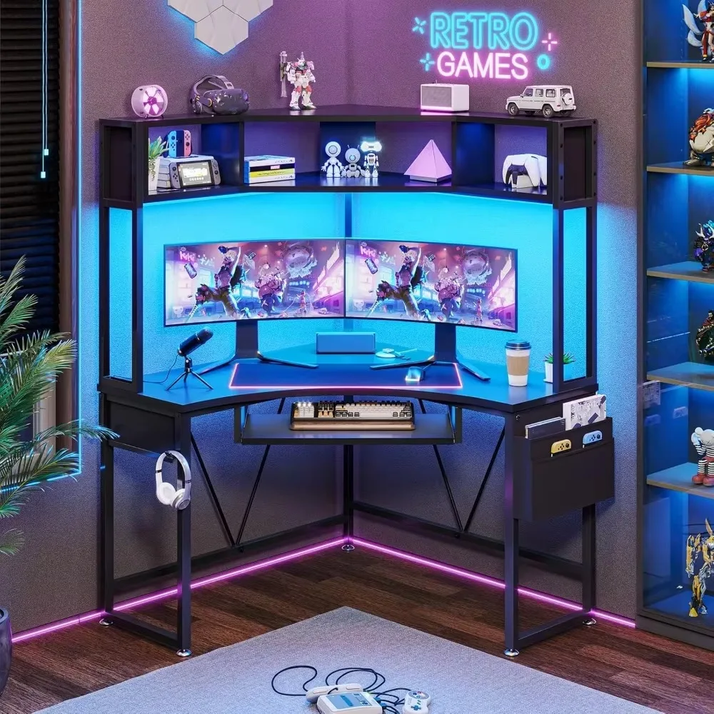 Corner Desk, Small Computer Desk with Hutch & LED Lights, Triangle Corner Computer Desk with Keyboard Tray, Storage Bag