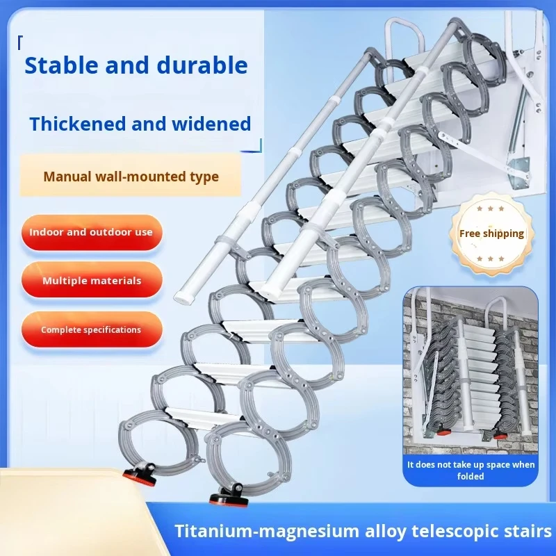 ！@Wall-Mounted Attic Telescopic Staircase Home Duplex Villa Indoor Folding Stretchable Retractable Lift Ladder Stainless Steel