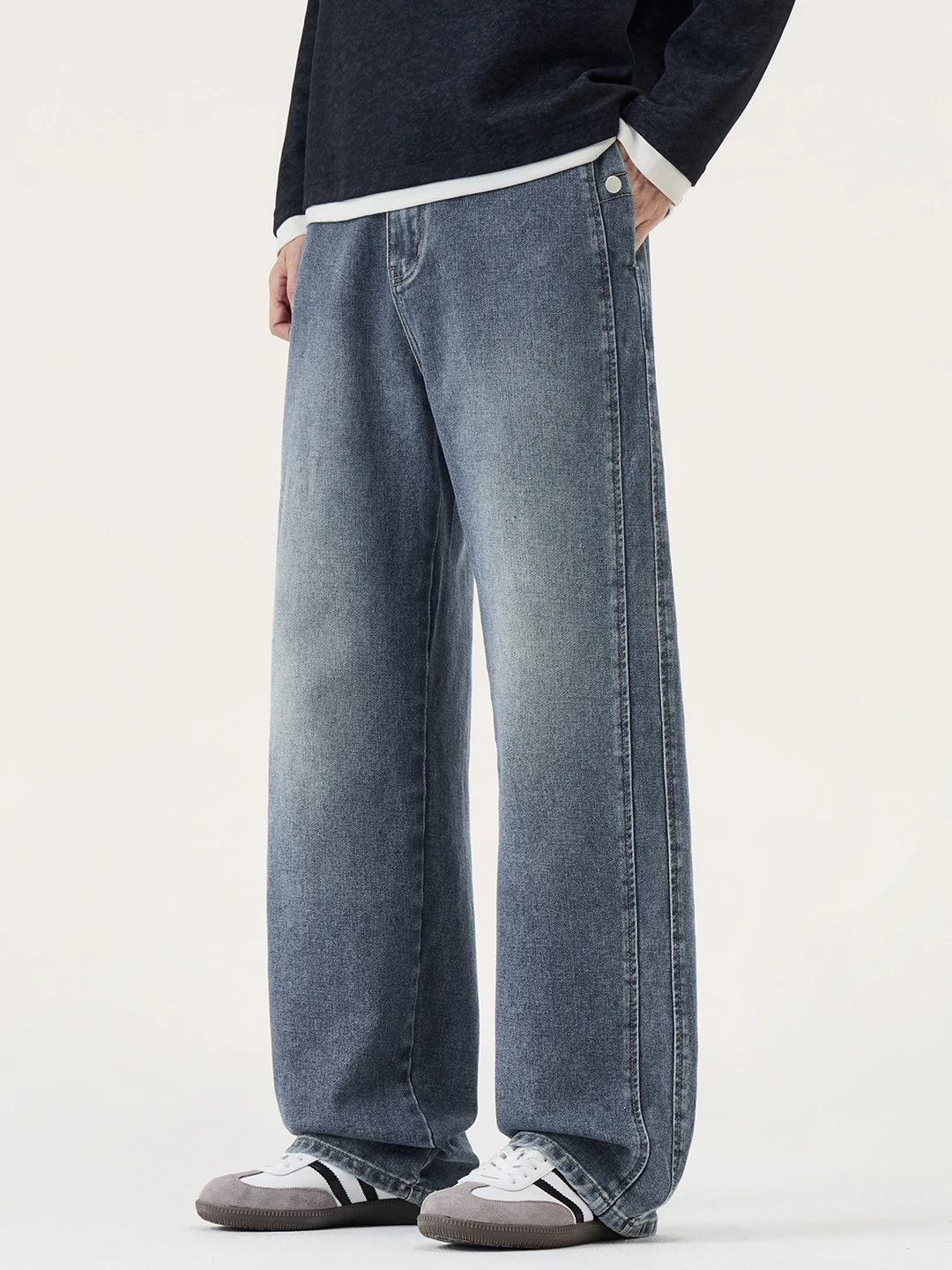 KSTUN Men‘s Wide Leg Jeans Elastic Waistband Denim Pants Loose Straight Trousers Side Stripes Design Casual Vintage Streetwear