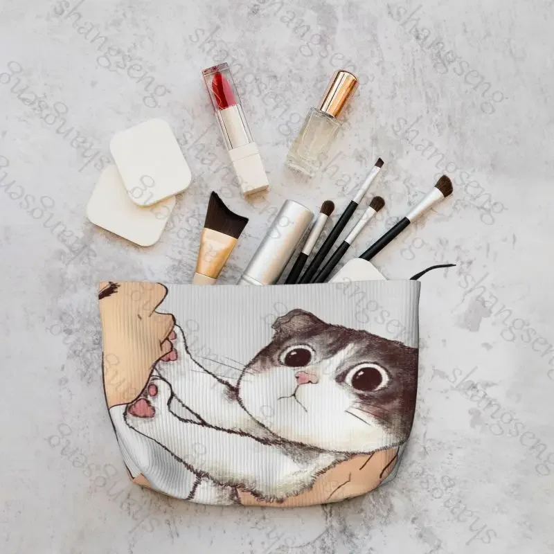 Lustige Cord-Kosmetiktasche, tragbare Reise-Kulturtasche, Aufbewahrungstasche für Schönheits-Make-up, Hautpflege, Kleinigkeiten, süße küssende Katze