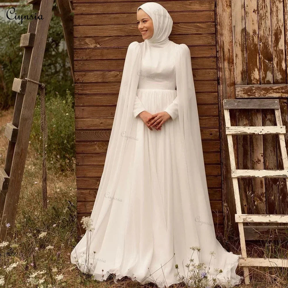 Ciynsia Abiti da sposa hijab musulmano in chiffon avorio con mantello A-Line Dubai Abiti da sposa per le donne 2024 Sposa Robe De Mariée