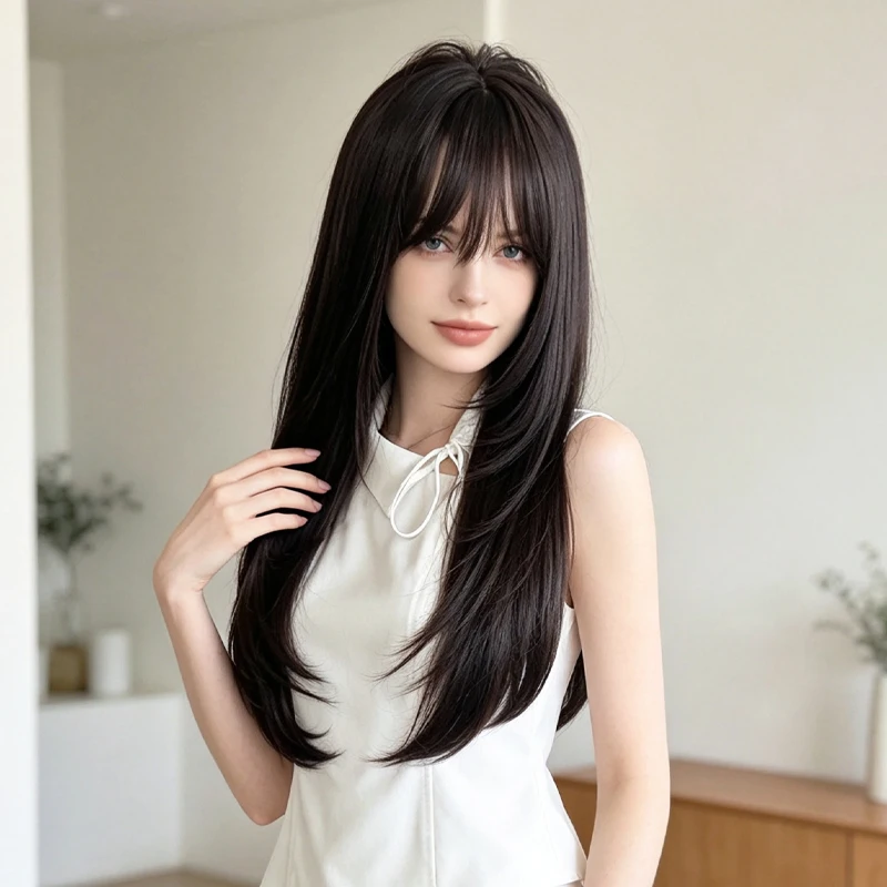 60cm Layered Black Long Straight Wig with Air Bangs, Full Cap Synthetic Fiber Wig for Lolita & JK Style Daily Wear