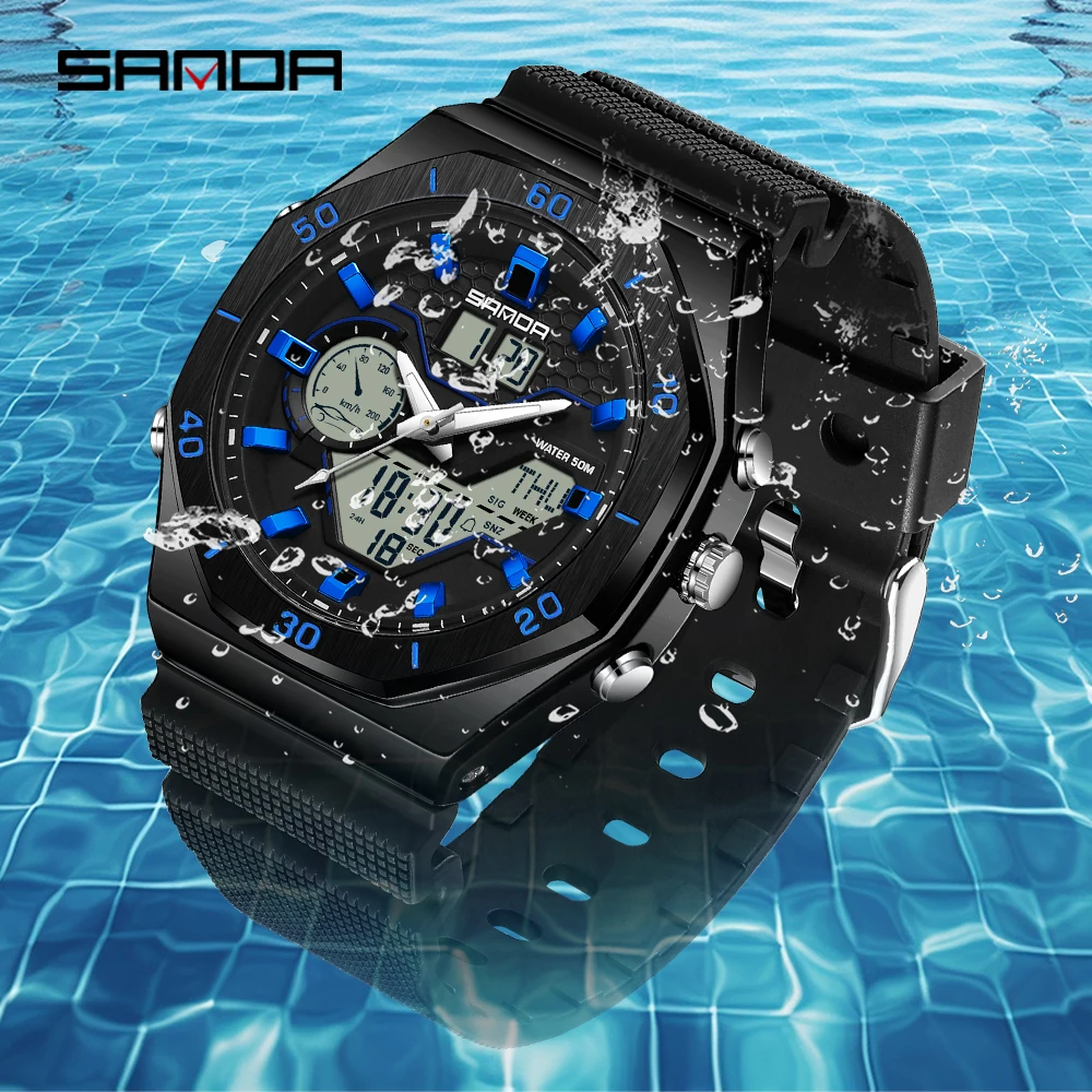 SANDA Men Sports Watches Dual Display Analog Digital LED Electronic Quartz Wristwatches Waterproof Swimming Military Male Watch