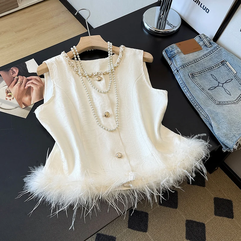 

Новая китайская женская жилетка с бисером, верхняя одежда, топ с круглым вырезом, на одной пуговице, однотонная, из полиэфирного волокна