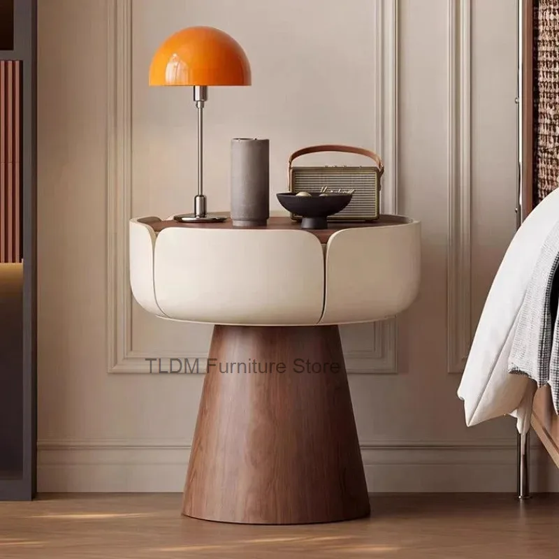 Modern Flower Shaped Bedside Table，Solid Wood Cone Base Leather Wrapped Storage Nightstand Bedroom Side End Table