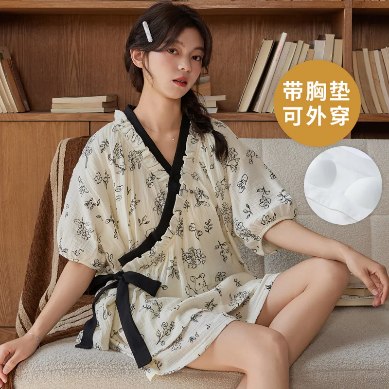 Summer short sleeve cardigan kimono pajama set women's Japanese with chest pad loungewear Fashion Home Clothes Dropship
