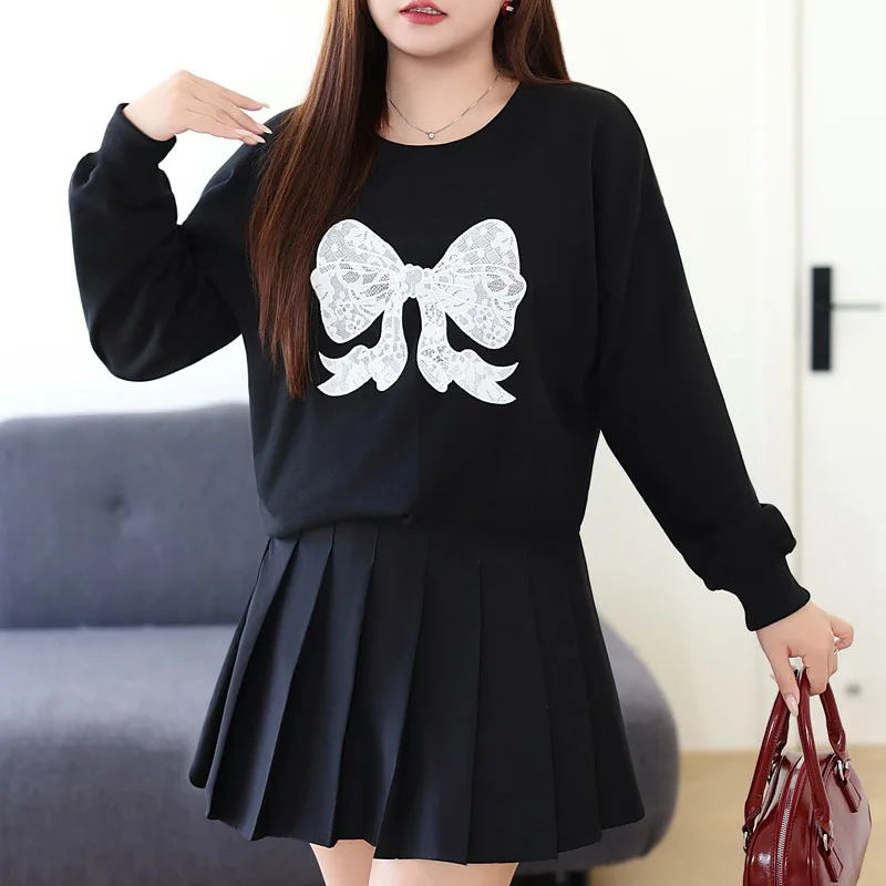 Loose Casual Round Neck Hoodie Women XL XXL Autumn 2024 Good Quality Bow Lace Embroidered Long Sleeve Sweatshirt