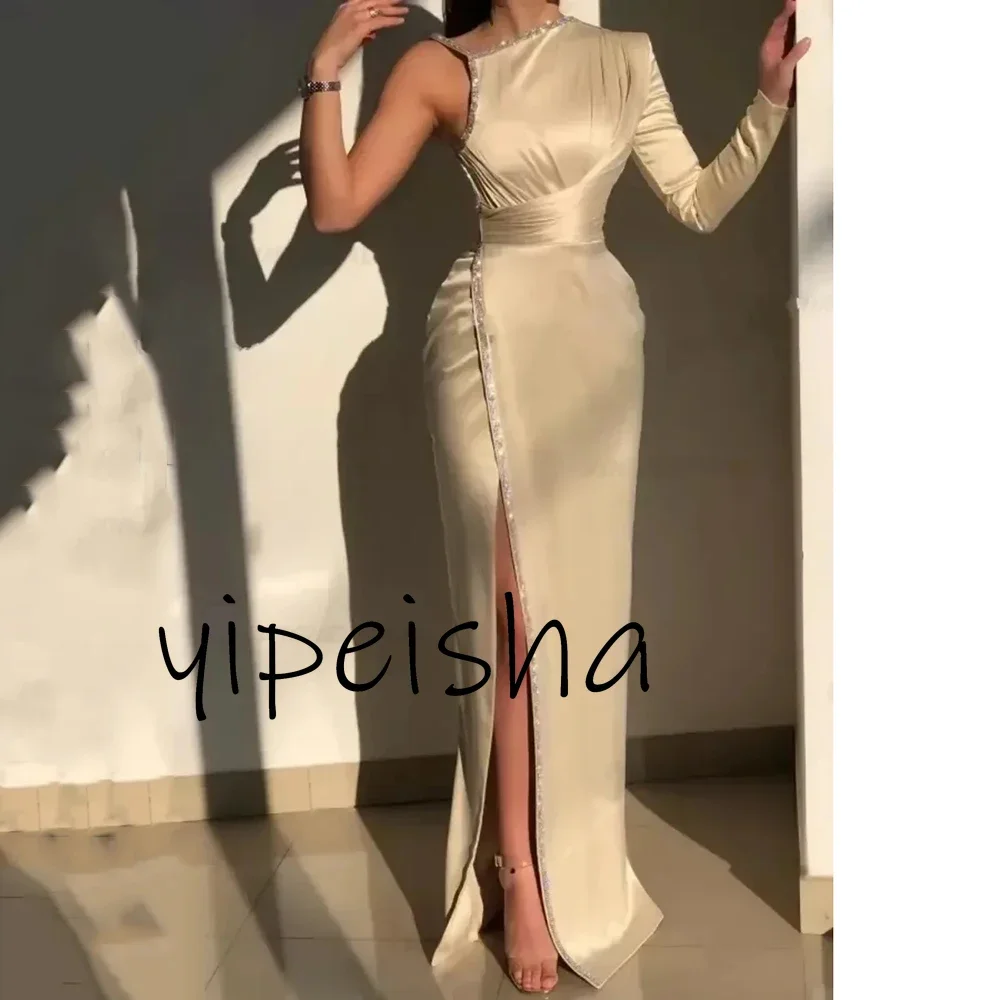 Customized Fashion Champagne Elegant Evening Gowns One Shoulder Long Sleeves Beading Mermaid Wedding Party Dress