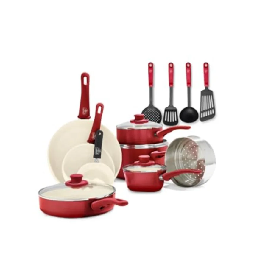 

16 Piece Nonstick Cookware Set with Soft Grip Non-Toxic PFAS-Free Ceramic Pans Red Dishwasher Oven Safe Frying Sauce Saute Glas
