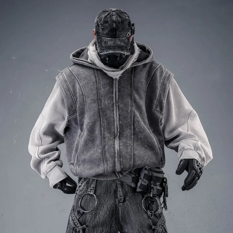 HKSH Unique Waste Land Washed Distressed Patchwork Faux Two-Piece Hooded Sweatshirt For Men Autumn New High Street Coats HK26978