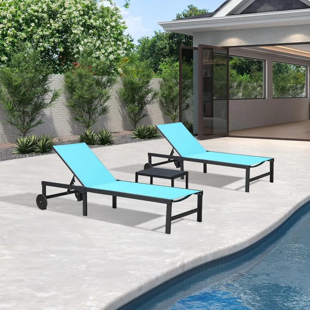 

Outdoor Chaise Lounge Chairs Set Recliner Aluminum Adjustable Chair with Wheels and Table for Poolside Beach Patio Reclining
