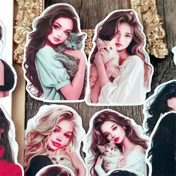 A Girl Holding A Cat Handbook Cute Girl Stickers Decorative Small Pattern Ins Mobile Phone Diy Photo Album Material Stationery