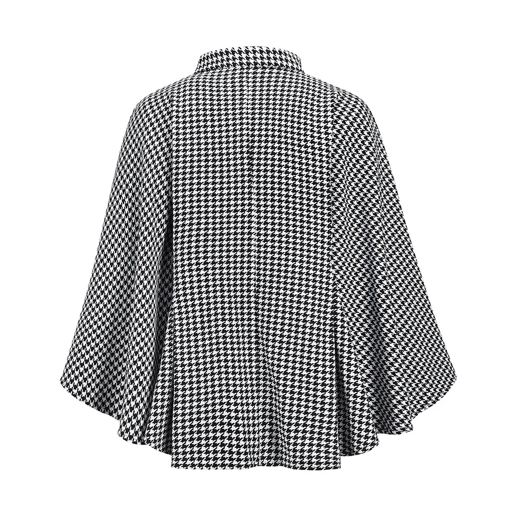 Office Lady Commuter Coat Fashion Houndstooth Print Half-high Collar Lace Up Bat Cape Autumn Winter Elegant Women's Clothing - Image 6