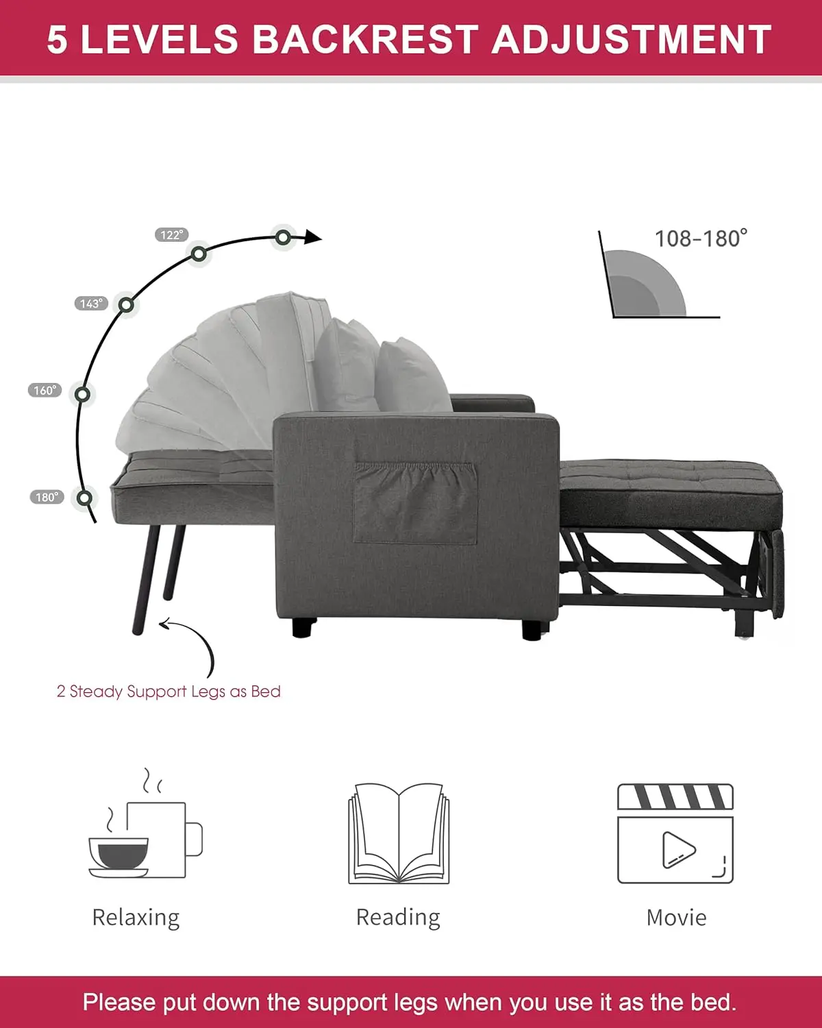 [Updated] Convertible Chair Sleeper Bed, Stepless Adjustable Backrest, Chair Turns Into Bed, Sofa Chair for Living Room, 3