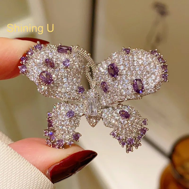 Shining U Vintage Luxury Full  Emerald Violet Gems Butterfly Brooch for Women Fashion Accessory Gift