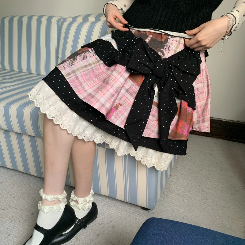 Japanese Original Design Pink Check Black Polka Dot Women's Skirt Summer Sweet Girl Irregular A-line Cake Half Skirts Ladies