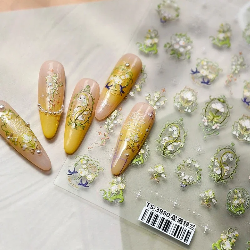 

Green Vine Flowers Lily of The Valley Bouquet Bowknot 5D Reliefs Self Adhesive Nail Art Decorations Stickers 3D Manicure Decals