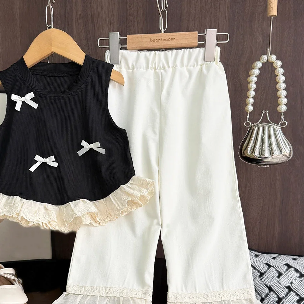Bear Leader Korean Casual Children's Set Bow Decoration Black Sleeveless Vest+Pants Two-piece Set Lace Stitching Girls Clothes image 4