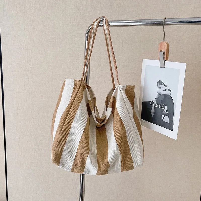 Sommerliche gestreifte Canvas-Tragetasche für Damen, lässig, große Kapazität, einfache Umhängetaschen, Einkaufshandtasche, tägliche Tragetasche – Detail 18