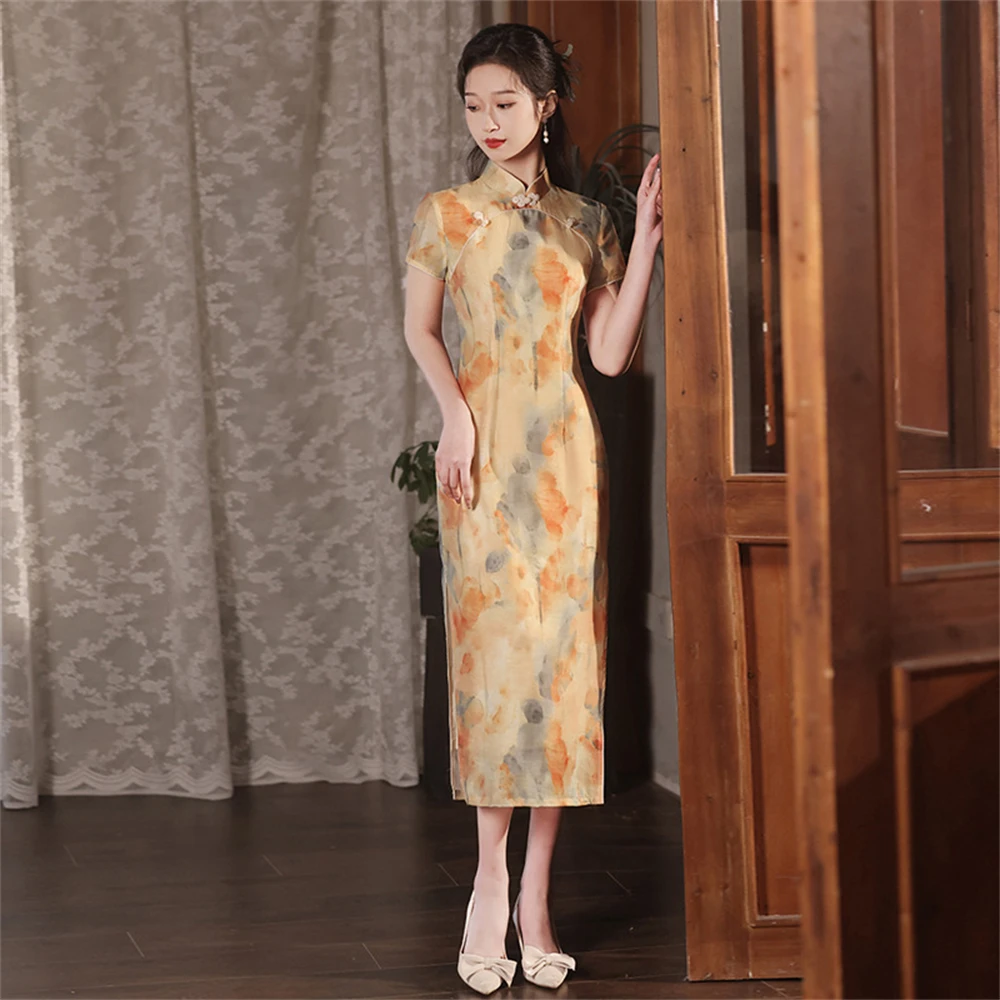 Gaun Cheongsam kuning wanita, kelas atas bercetak Qipao anak perempuan muda ditingkatkan temperamen Retro Republik Cina Chinoise baru musim panas