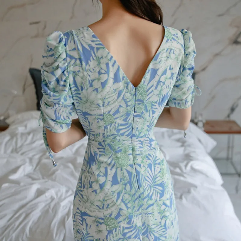 Floral Printed Women Dress Bodycon V-neck Summer Korean Chic Dress Bodycon Draw String Office Lady Elegant Women's Clothing