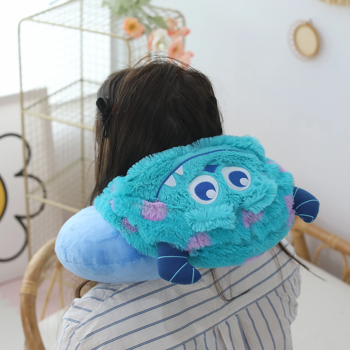 Disney Cute Sullivan U-shaped Hooded Pillow Cartoon Plush Blue Monster Nap Neck Pillow Adult Travel Sunshade Pillow Xmas Gifts