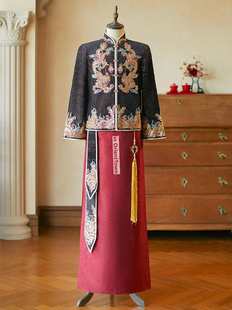 الاحتفال بالزفاف الصيني العريس ثوب الاستقبال نخب الملابس مزدوجة التنين التطريز معطف + تنورة دعوى عرض أزياء الرجال