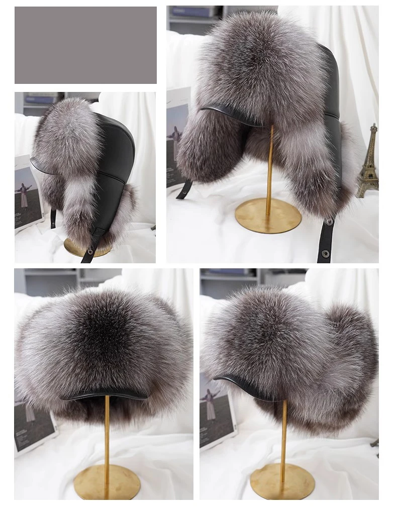 Winter 100% Echtes Silberfuchsfell Bombermütze Waschbärpelz Mütze Neue Herren-Ushanka Trapper Russische Herren-Skimütze Echte Lederkappen – Detail 16