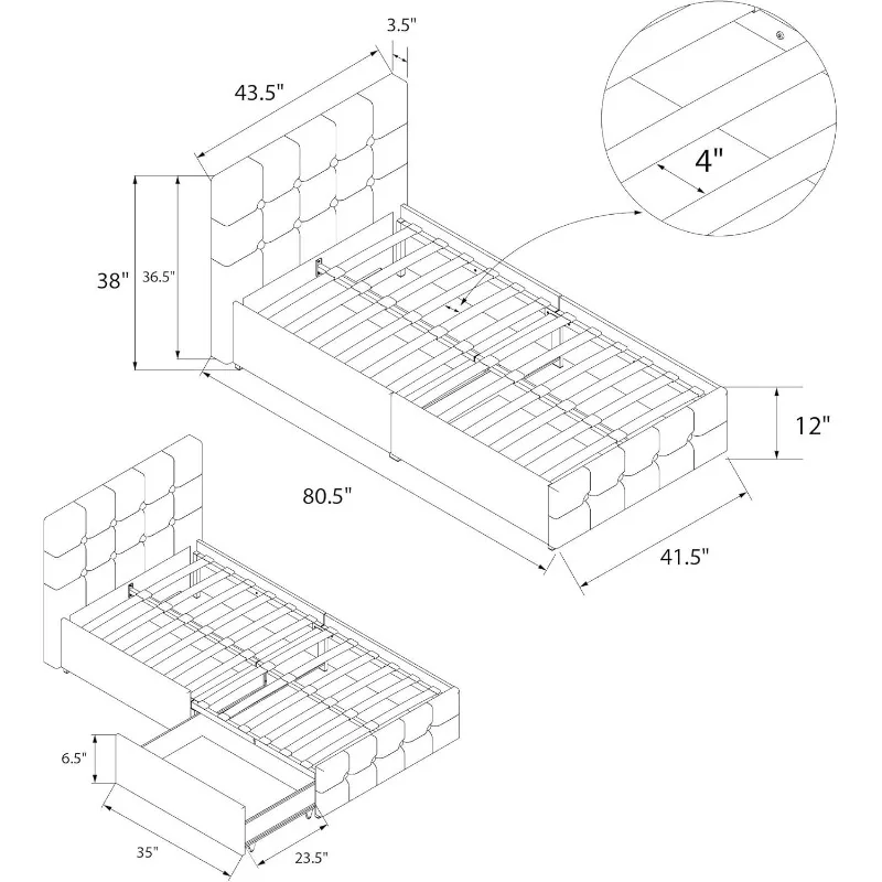 Platform Bed with Underbed Storage Drawers and Button Tufted Headboard and Footboard, No Box Spring Needed, Twin, Gray Linen