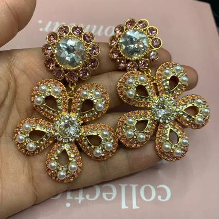 

Exaggerated Shoulder Jewelry Fashionelegant Asymmetrical Pink Diamond Bows Flower Earrings